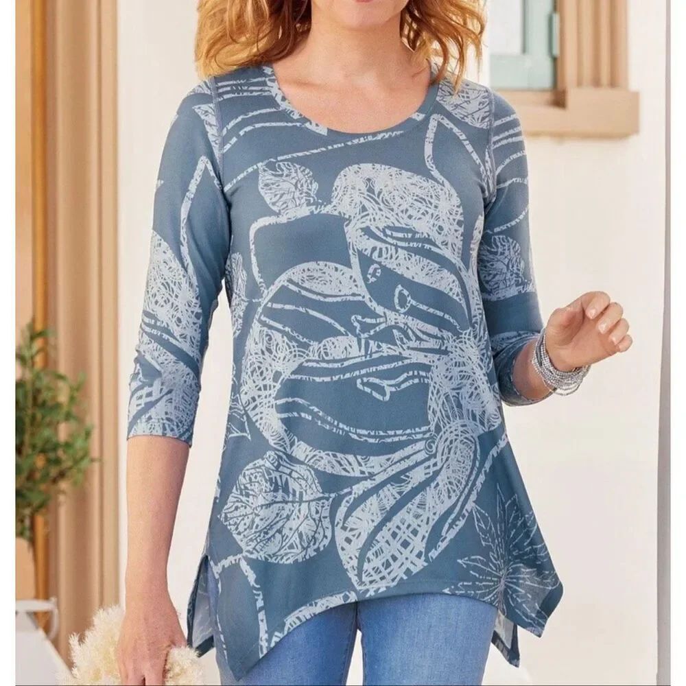 Soft Surroundings Valerie Tunic Top Blue Floral Plus Size 1X